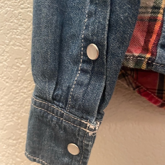 Vanilla Sky Red Plaid and Denim Western Style Pearl Snap Top-Large Juniors - Picture 6 of 9